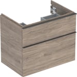 Mueble bajo Geberit serie iCon para lavabo, con dos cajones: Ancho de lavabo=75cm, Cuerpo y frontal: nogal hickory/melamina con textura de madera, Tirador: lava/con pintura polvo al horno mate